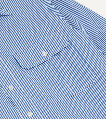 Drake's Blue and White Stripe Long Point Collar Flap Pocket Poplin Shirt