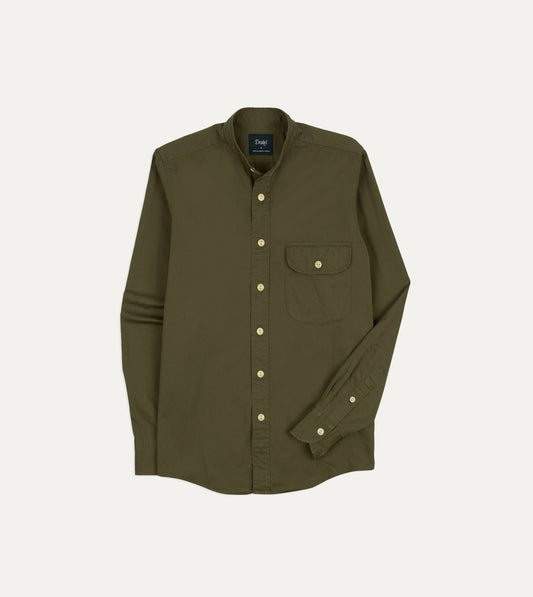 Drake's Olive Cotton Mandarin Collar Shirt