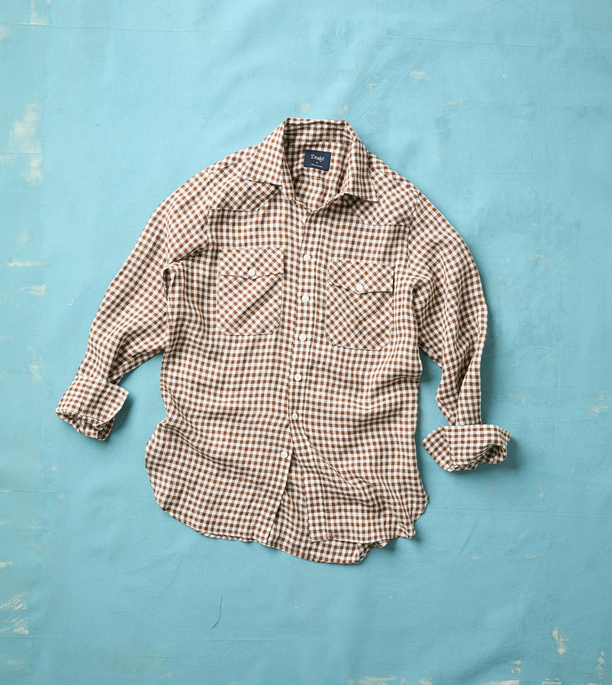 Drake's Brown Gingham Check Linen Two-Pocket Western Shirt