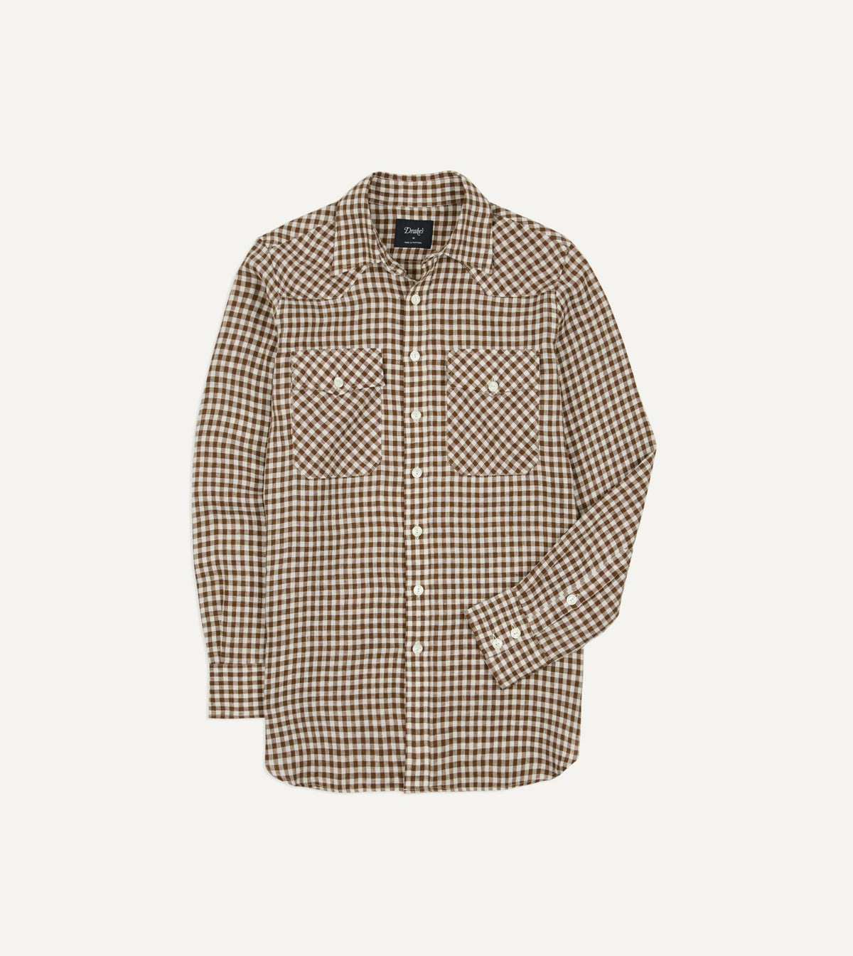 Drake's Brown Gingham Check Linen Two-Pocket Western Shirt