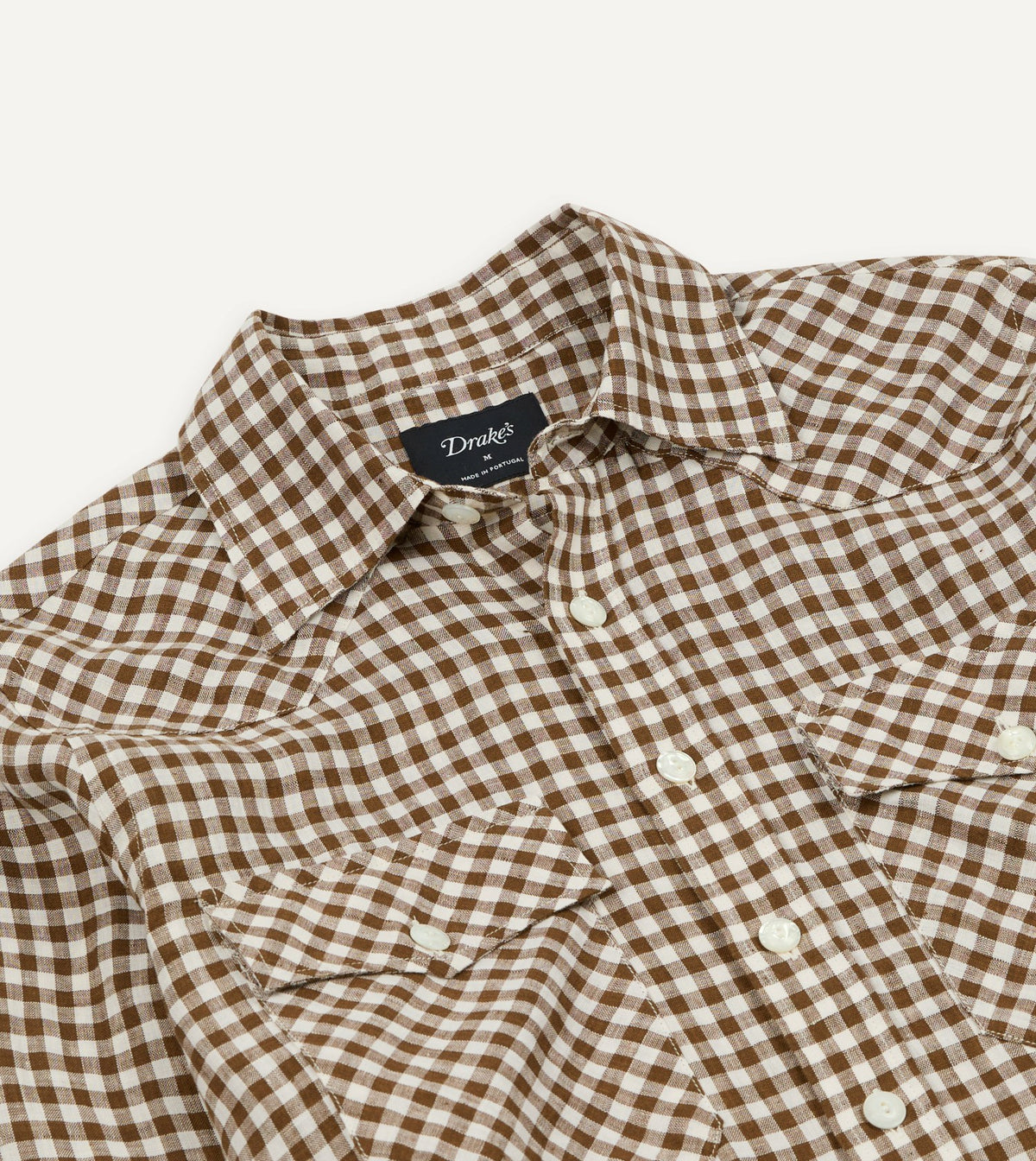 Drake's Brown Gingham Check Linen Two-Pocket Western Shirt