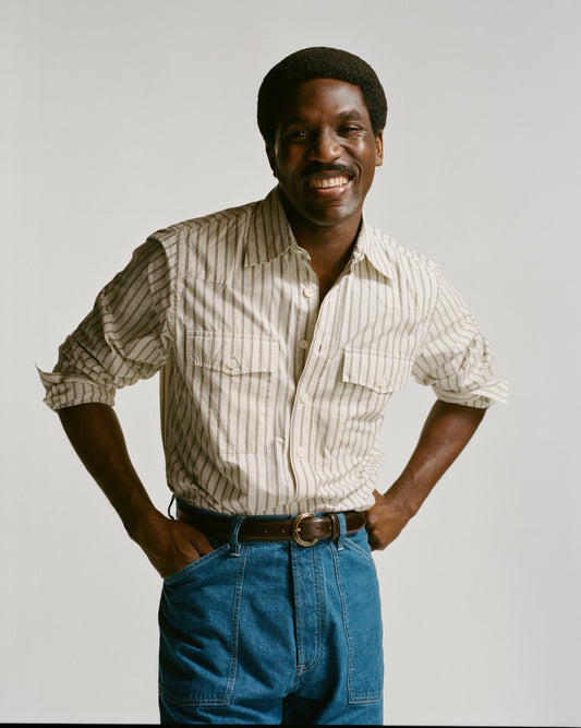 Drake's Ecru Stripe Cotton Two-Pocket Western Shirt