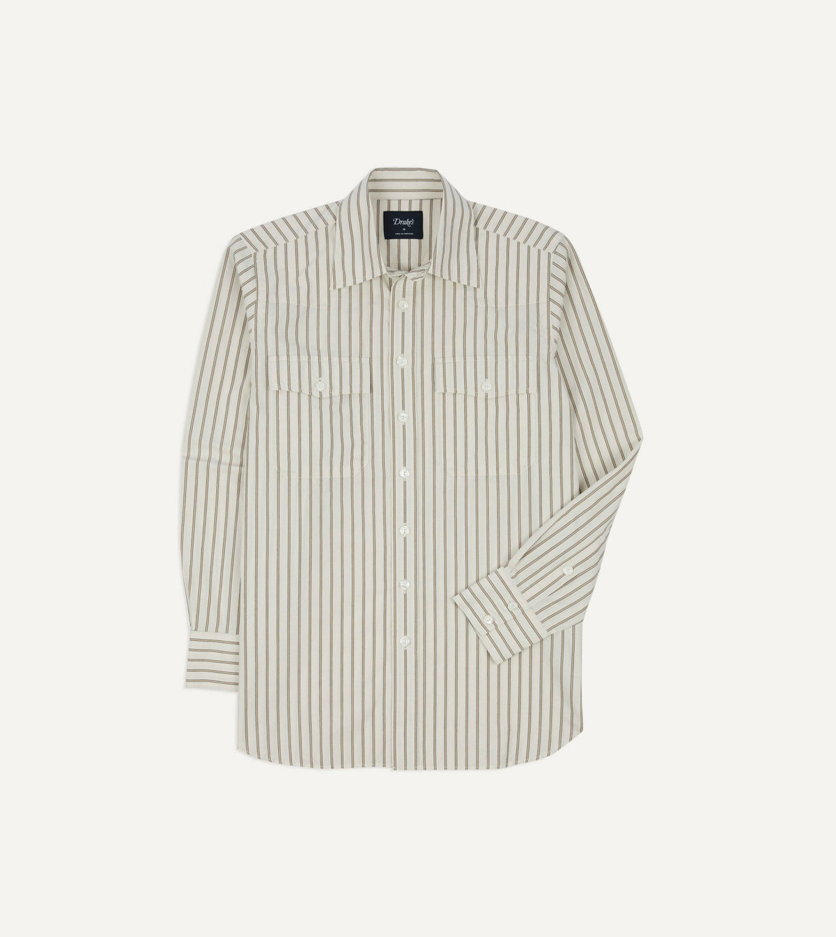 Drake's Ecru Stripe Cotton Two-Pocket Western Shirt
