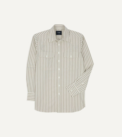 Drake's Ecru Stripe Cotton Two-Pocket Western Shirt