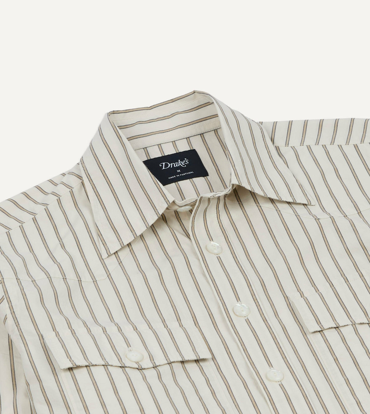 Drake's Ecru Stripe Cotton Two-Pocket Western Shirt