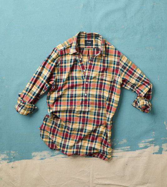 Drake's Navy, Yellow and Red Madras Check Cotton Button-Down Popover Shirt