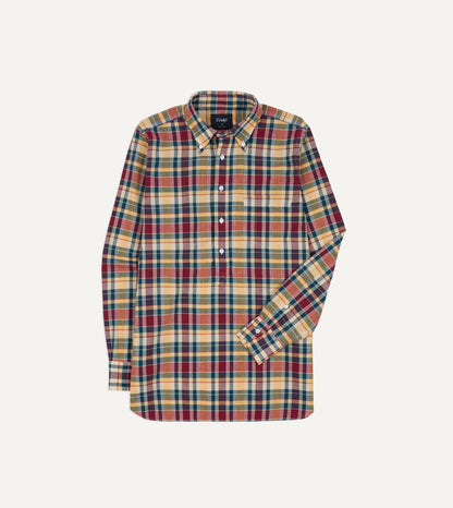 Drake's Navy, Yellow and Red Madras Check Cotton Button-Down Popover Shirt