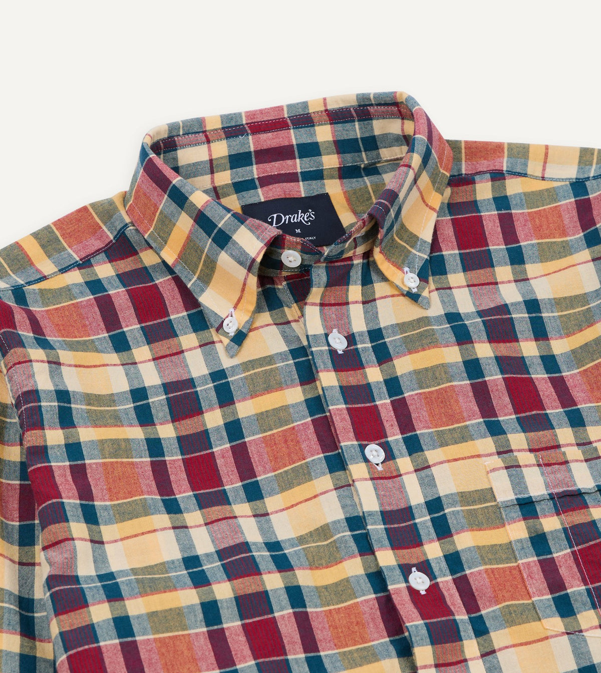 Drake's Navy, Yellow and Red Madras Check Cotton Button-Down Popover Shirt