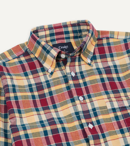 Drake's Navy, Yellow and Red Madras Check Cotton Button-Down Popover Shirt