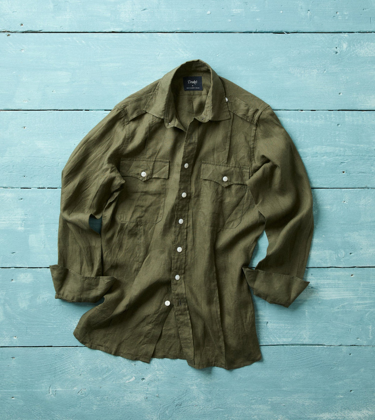 Drake's Khaki Linen Pintuck Military Shirt