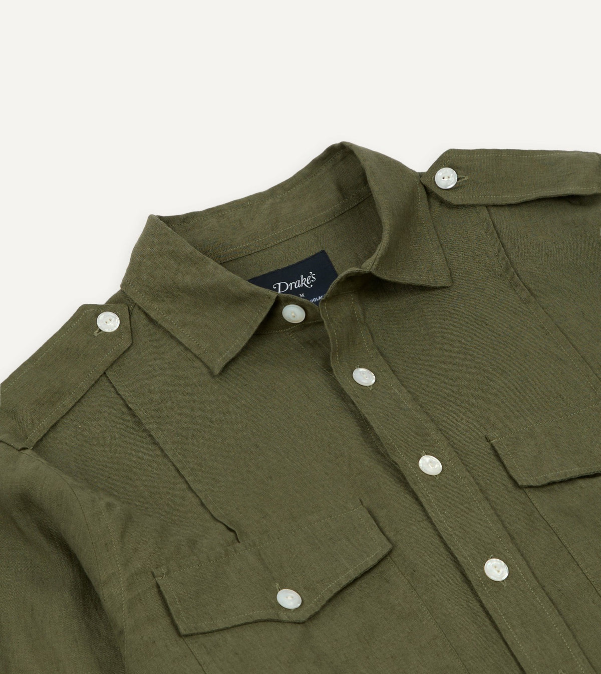 Drake's Khaki Linen Pintuck Military Shirt