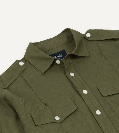 Drake's Khaki Linen Pintuck Military Shirt