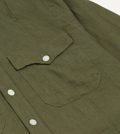 Drake's Khaki Linen Pintuck Military Shirt
