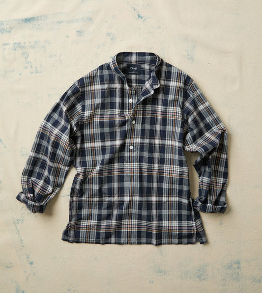 Drake's Navy, White and Yellow Madras Check Cotton Mandarin Collar Popover Shirt