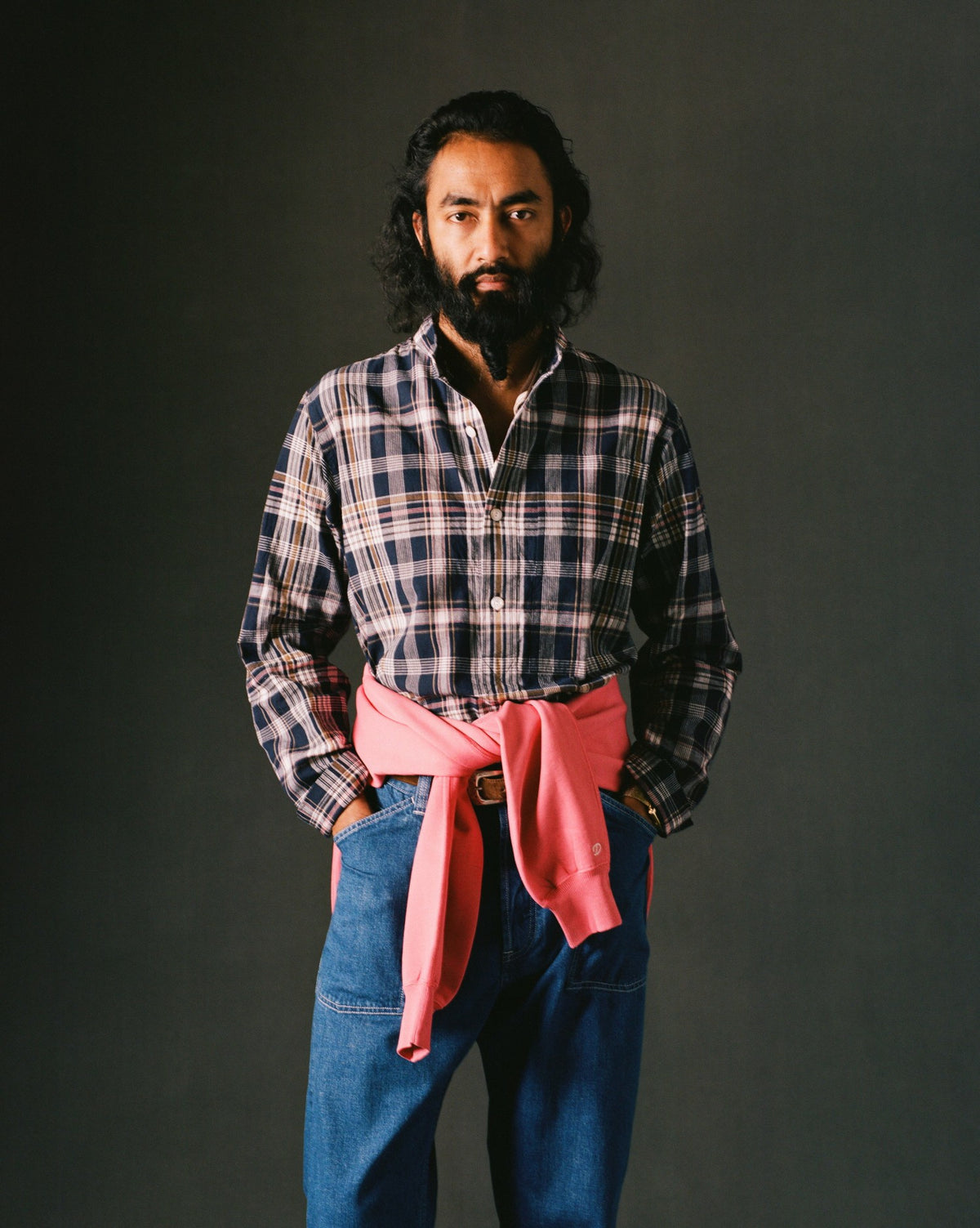 Drake's Navy, White and Yellow Madras Check Cotton Mandarin Collar Popover Shirt