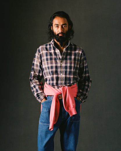 Drake's Navy, White and Yellow Madras Check Cotton Mandarin Collar Popover Shirt
