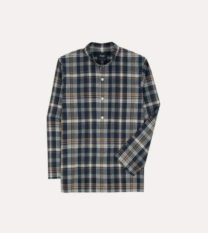 Drake's Navy, White and Yellow Madras Check Cotton Mandarin Collar Popover Shirt