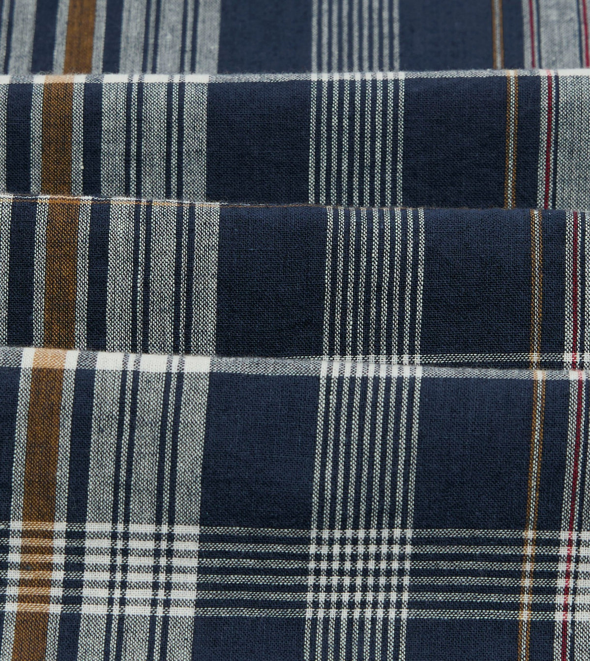 Drake's Navy, White and Yellow Madras Check Cotton Mandarin Collar Popover Shirt