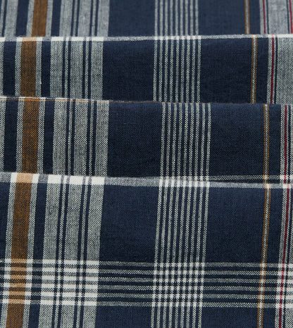 Drake's Navy, White and Yellow Madras Check Cotton Mandarin Collar Popover Shirt