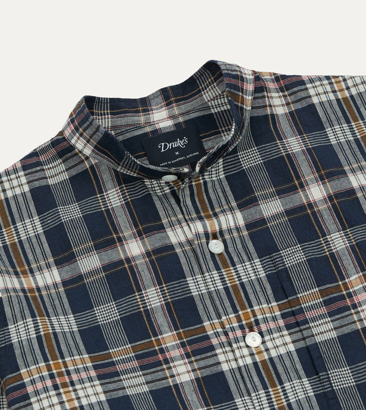 Drake's Navy, White and Yellow Madras Check Cotton Mandarin Collar Popover Shirt