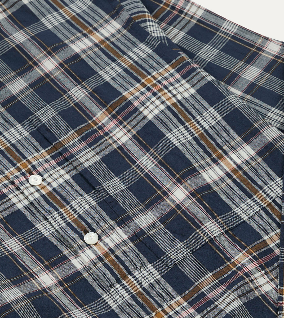 Drake's Navy, White and Yellow Madras Check Cotton Mandarin Collar Popover Shirt