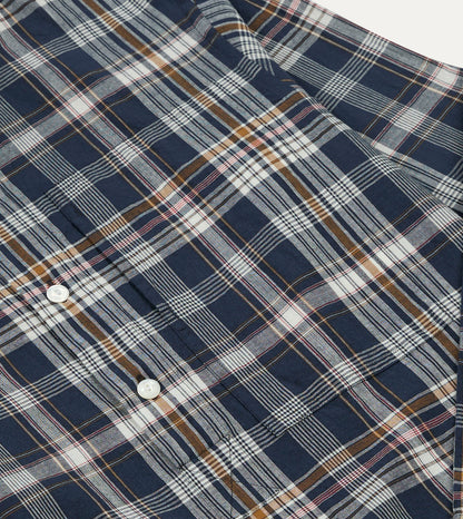 Drake's Navy, White and Yellow Madras Check Cotton Mandarin Collar Popover Shirt