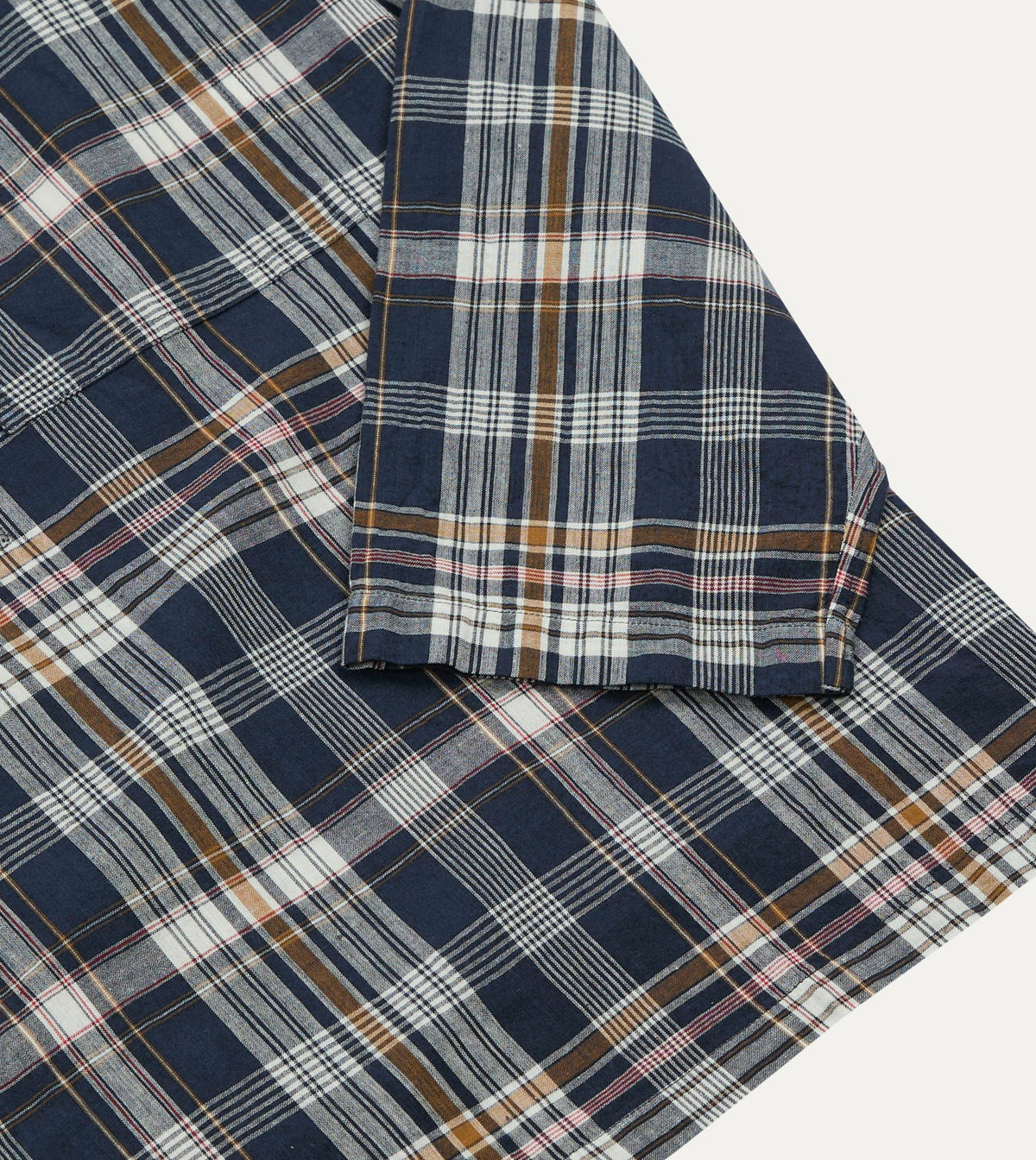 Drake's Navy, White and Yellow Madras Check Cotton Mandarin Collar Popover Shirt