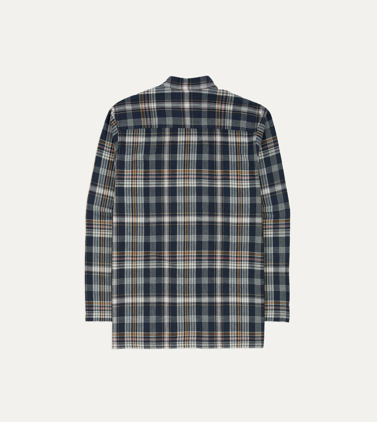 Drake's Navy, White and Yellow Madras Check Cotton Mandarin Collar Popover Shirt