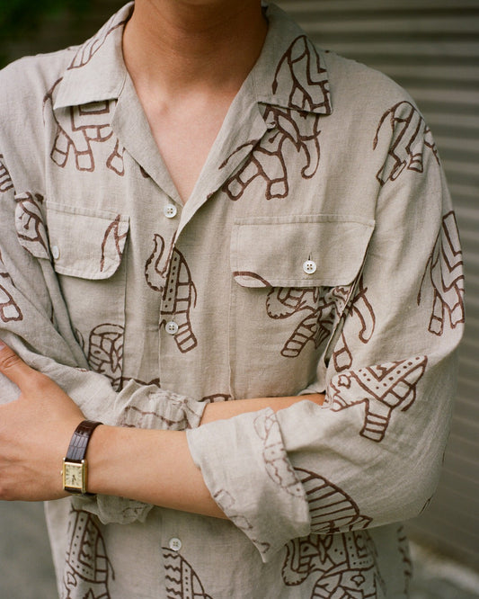 Drake's White Elephant Block Print Linen Camp Collar Long Sleeve Shirt