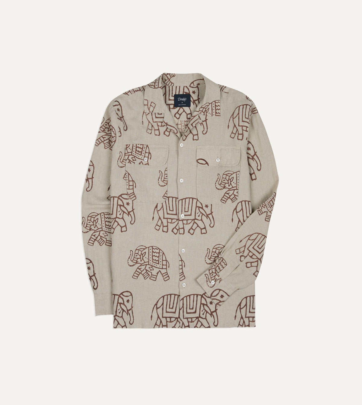 Drake's White Elephant Block Print Linen Camp Collar Long Sleeve Shirt
