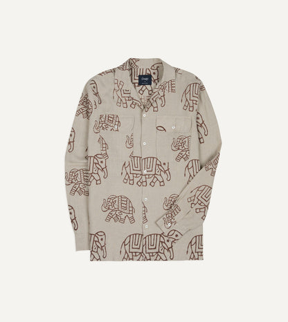 Drake's White Elephant Block Print Linen Camp Collar Long Sleeve Shirt