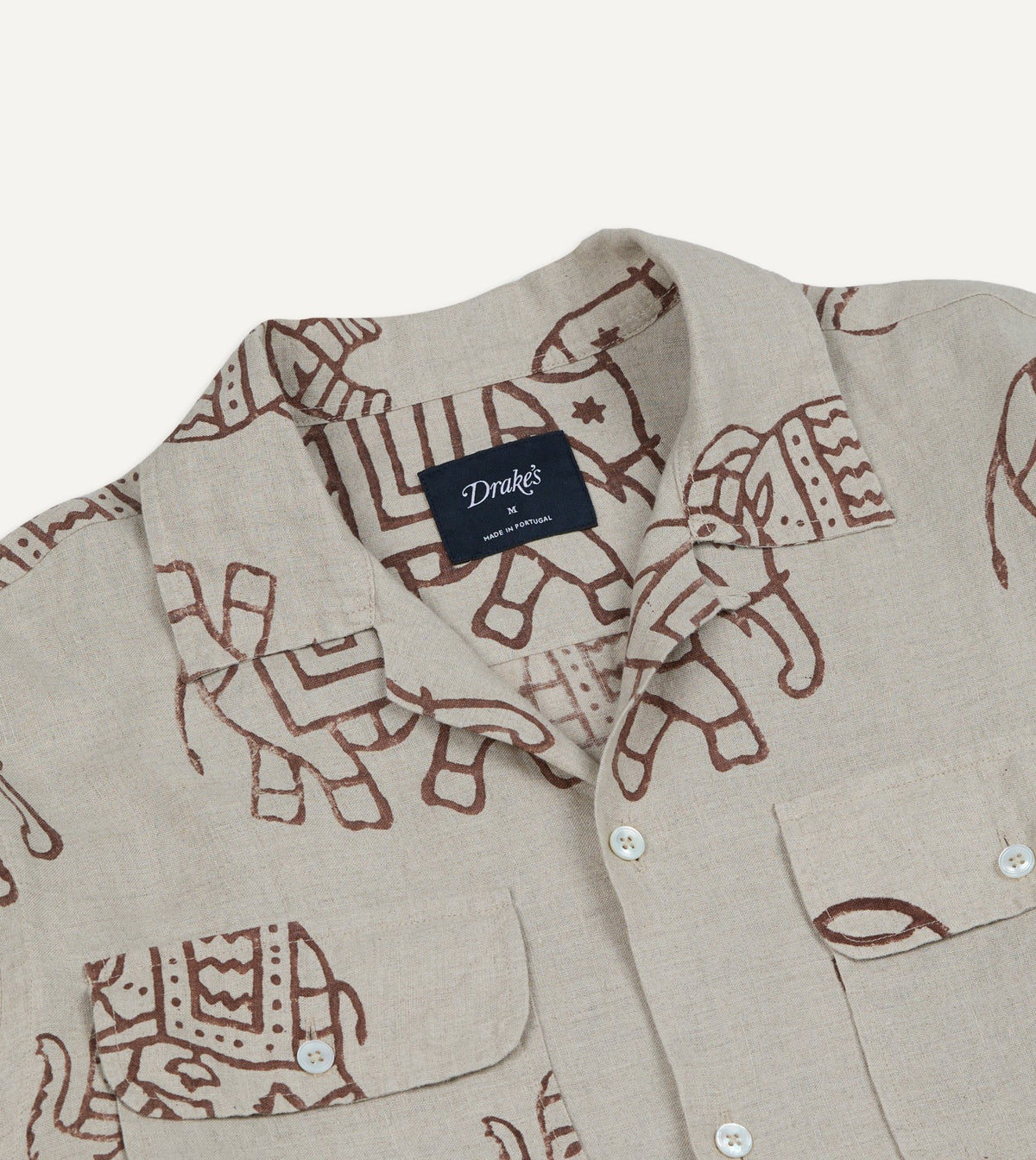 Drake's White Elephant Block Print Linen Camp Collar Long Sleeve Shirt