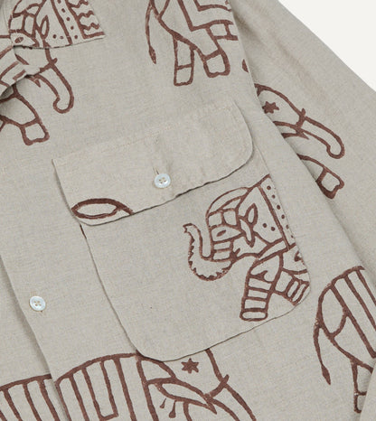 Drake's White Elephant Block Print Linen Camp Collar Long Sleeve Shirt