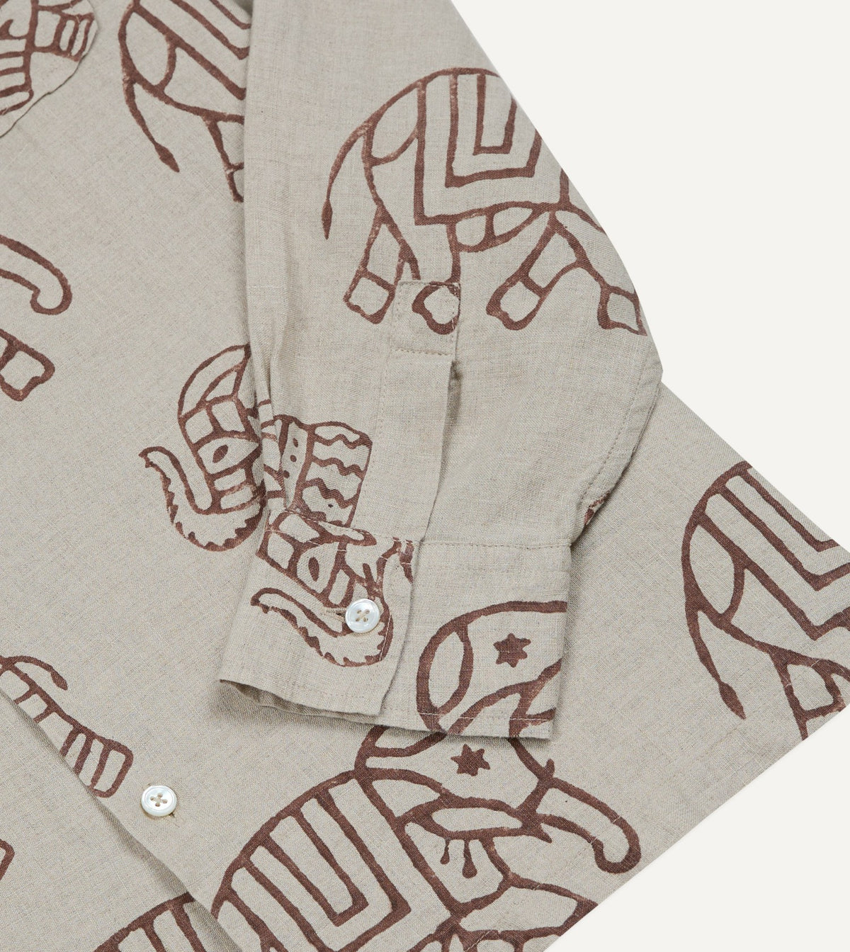 Drake's White Elephant Block Print Linen Camp Collar Long Sleeve Shirt