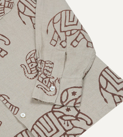 Drake's White Elephant Block Print Linen Camp Collar Long Sleeve Shirt