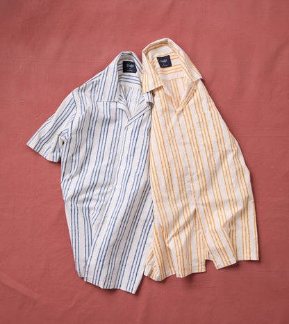 Drake's Indigo Triple Stripe Block Print Cotton Camp Collar Short Sleeve Shirt
