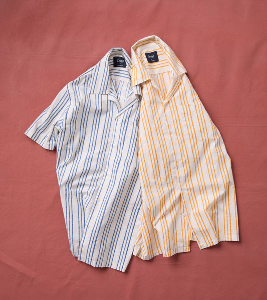 Drake's Indigo Triple Stripe Block Print Cotton Camp Collar Short Sleeve Shirt