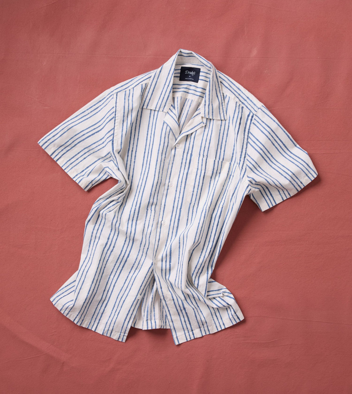 Drake's Indigo Triple Stripe Block Print Cotton Camp Collar Short Sleeve Shirt