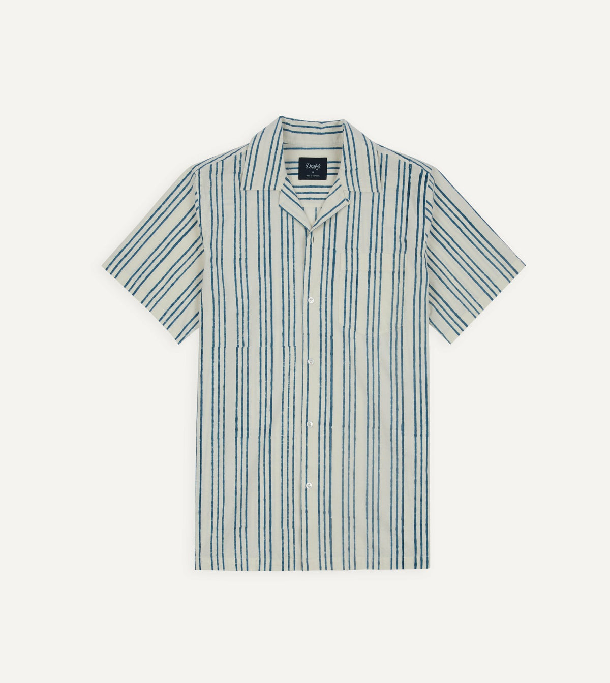 Drake's Indigo Triple Stripe Block Print Cotton Camp Collar Short Sleeve Shirt
