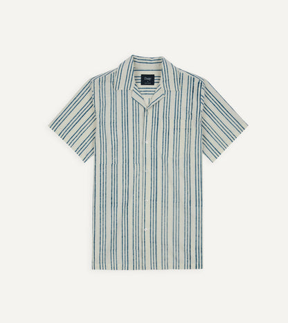Drake's Indigo Triple Stripe Block Print Cotton Camp Collar Short Sleeve Shirt