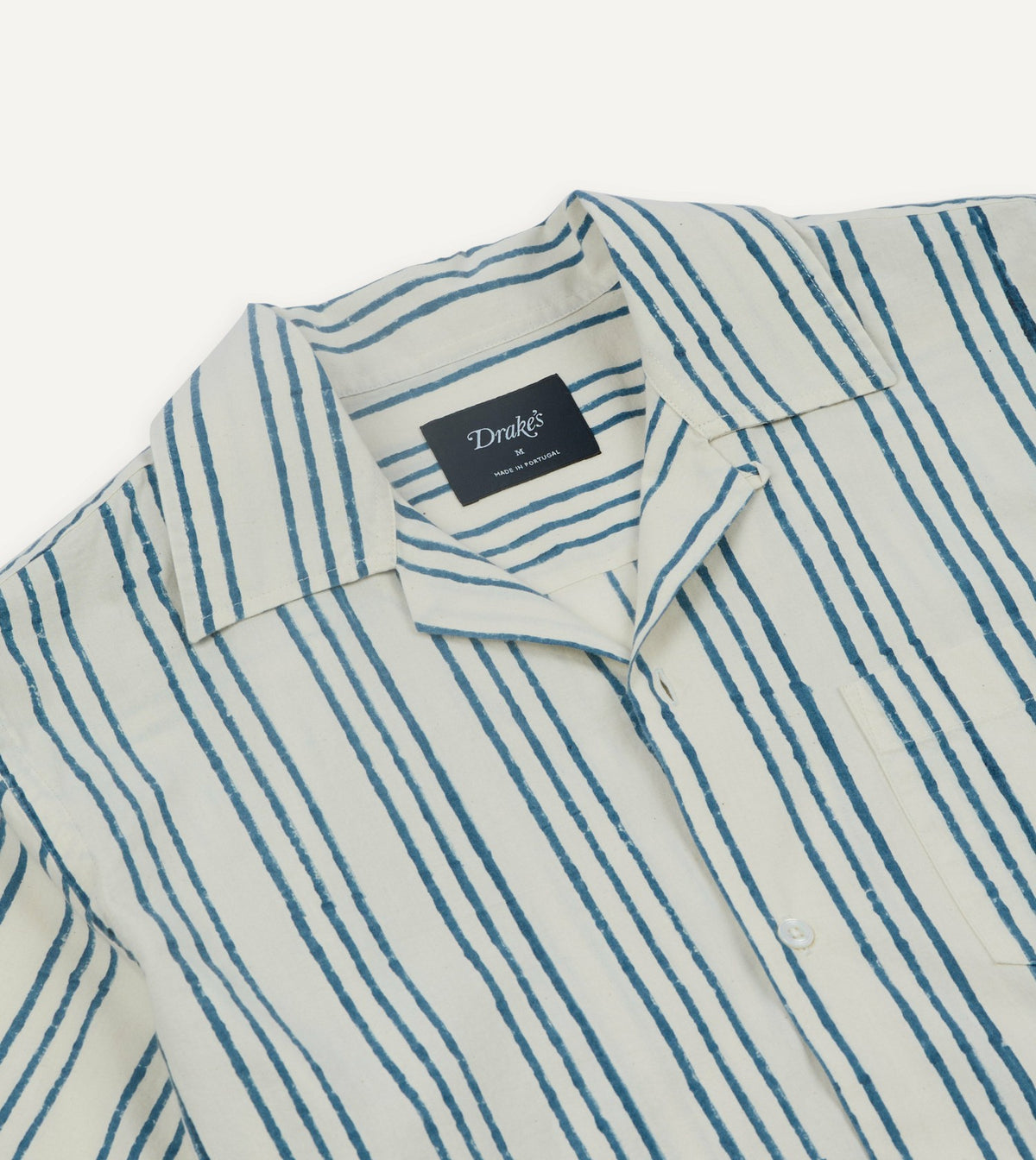 Drake's Indigo Triple Stripe Block Print Cotton Camp Collar Short Sleeve Shirt