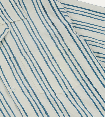 Drake's Indigo Triple Stripe Block Print Cotton Camp Collar Short Sleeve Shirt