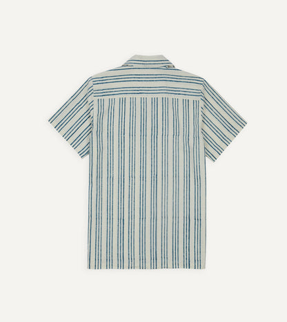 Drake's Indigo Triple Stripe Block Print Cotton Camp Collar Short Sleeve Shirt
