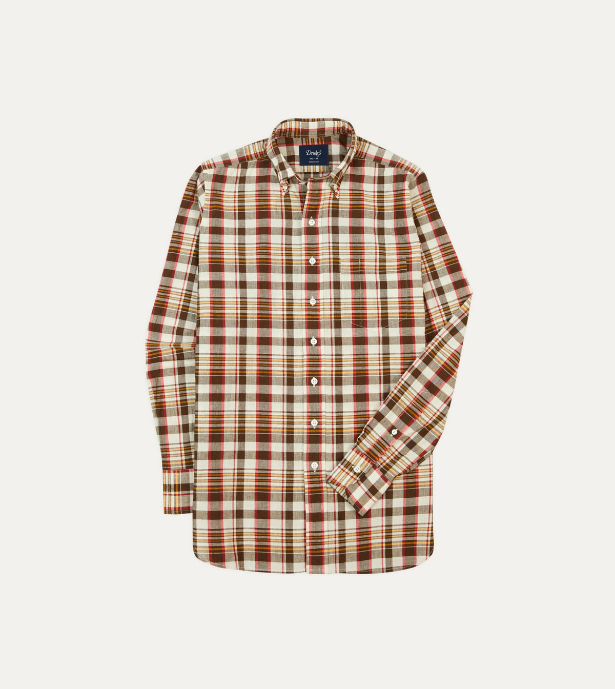 Drake's Brown and Red Madras Check Cotton Button-Down Shirt