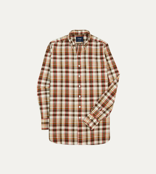Drake's Brown and Red Madras Check Cotton Button-Down Shirt