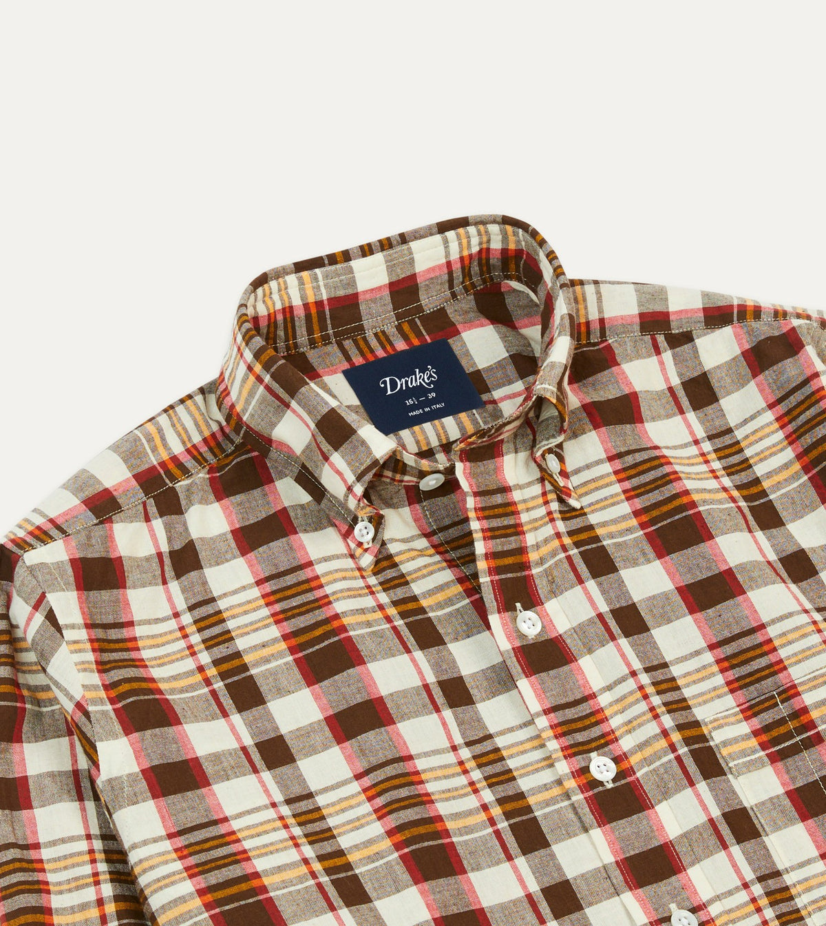 Drake's Brown and Red Madras Check Cotton Button-Down Shirt