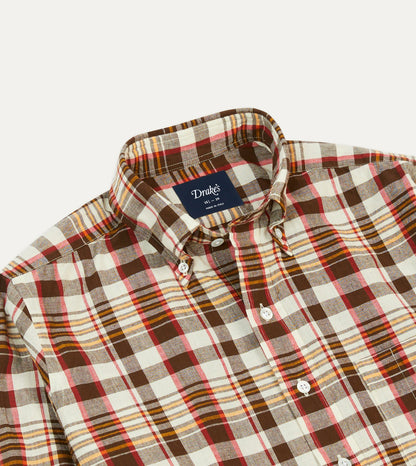 Drake's Brown and Red Madras Check Cotton Button-Down Shirt