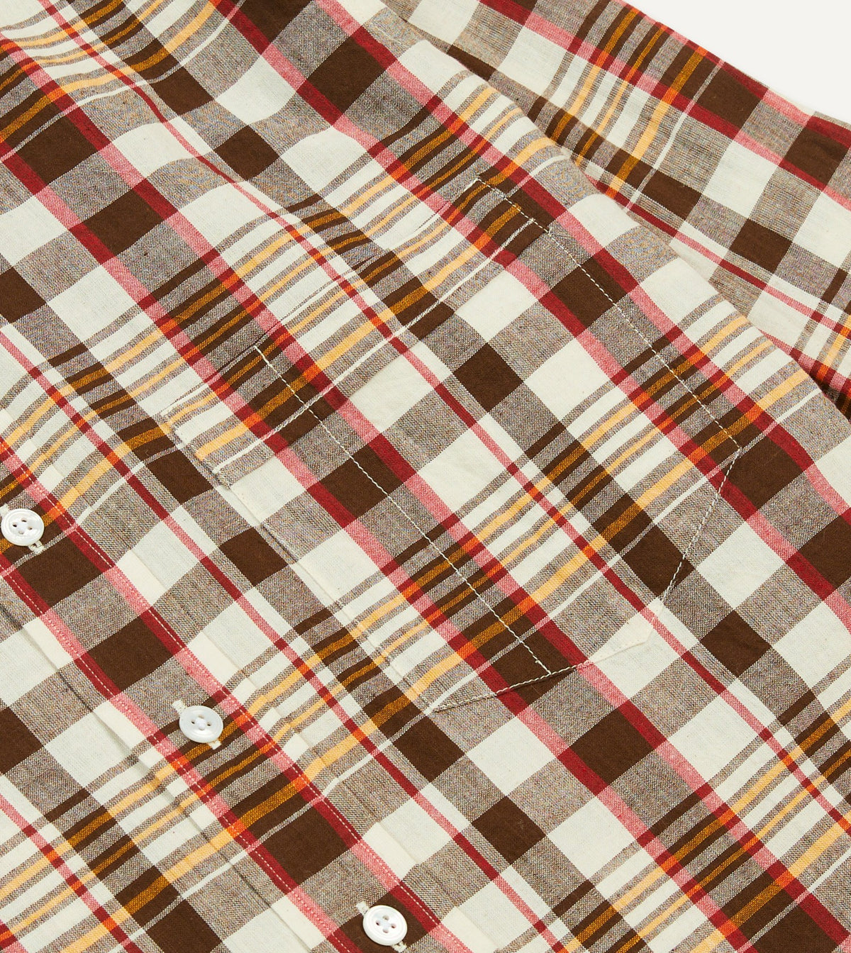 Drake's Brown and Red Madras Check Cotton Button-Down Shirt