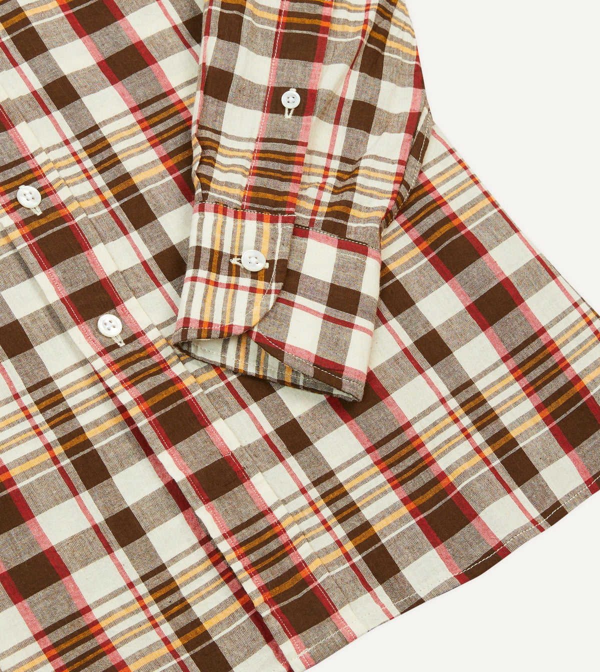 Drake's Brown and Red Madras Check Cotton Button-Down Shirt