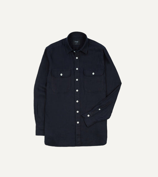 Drake's Navy Linen Twill Two-Pocket Work Shirt